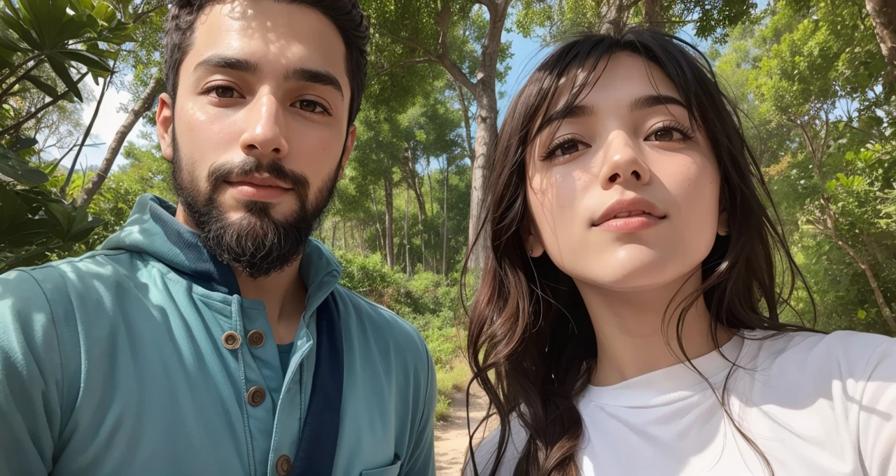 Vibrant forest scene, colorful trees in varied hues, deep blue sea backdrop, a loving couple in their twenties, young woman with sandy brown hair, bluish-gray eyes, short stature, delicate freckles, young man with short dark black hair, long black fish beard, Middle Eastern features, wheat complexion, dark brown eyes, athletic build, romantic expressions, lush greenery, rich blue sea, detailed natural setting, warm and inviting ambiance, genuine emotions, digital painting, high resolution, bright and vibrant color palette, soft natural lighting.