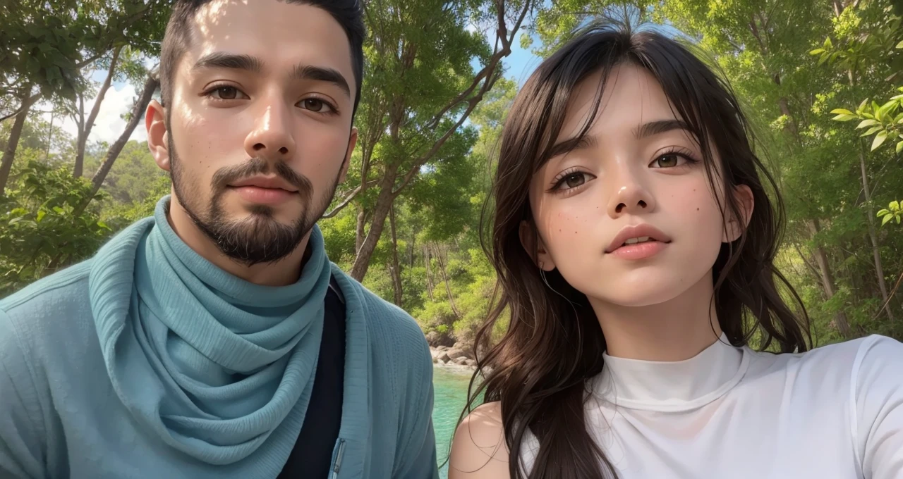 Vibrant forest scene, colorful trees in varied hues, deep blue sea backdrop, a loving couple in their twenties, young woman with sandy brown hair, bluish-gray eyes, short stature, delicate freckles, young man with short dark black hair, long black fish beard, Middle Eastern features, wheat complexion, dark brown eyes, athletic build, romantic expressions, lush greenery, rich blue sea, detailed natural setting, warm and inviting ambiance, genuine emotions, digital painting, high resolution, bright and vibrant color palette, soft natural lighting.