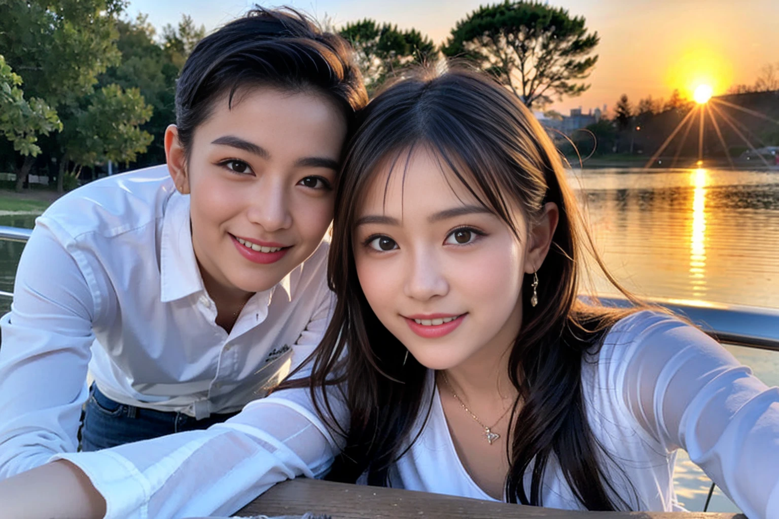 ((Highest quality、、masterpiece:1.3))、1 male、1 female,36 years old 39 years old、Put the light on my face、Slim Beauty、Beautiful couple、Upper Body、smile、 (Slim face), (the body is スリム), (Brown Hair), (Shortcuts), テーブルのフルコースディナーとwine glass、Amazing view of the sunset sky and clouds、smileの美しさ、Wine bottle、sparkling wine、Long sleeve shirt、dress、White wine, red wine, wine glass, Beautiful fine grain, Depth f/2,saturation, High Contrast, Strong light and shadow,Moist Body:1.5、 texture、The hair is very shiny、