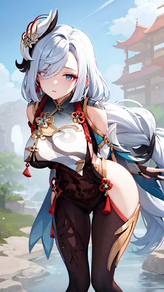 Masterpiece, high quality, shenhe \(genshin impact\), genshin impact, leaning forward, big breasts, busty, sexy, wide hips, white hair, blue eyes, hair ornament, long hair, breast curtains, bodystocking, hip vent, outdoor, wet, shenhev4, thick thighs, realistic