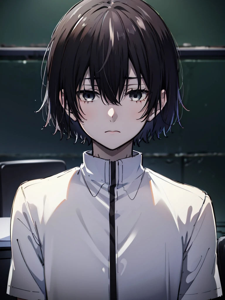 ((best quality)), ((masterpiece)), (detailed), boy, high , uniform, bored look, blank look, disinterested look, black hair, black eyes, sketch, alone, short hair. half body, face, gloomy, dark eyes, manga, light novel, illustration, solo, gloomy, empty classroom.