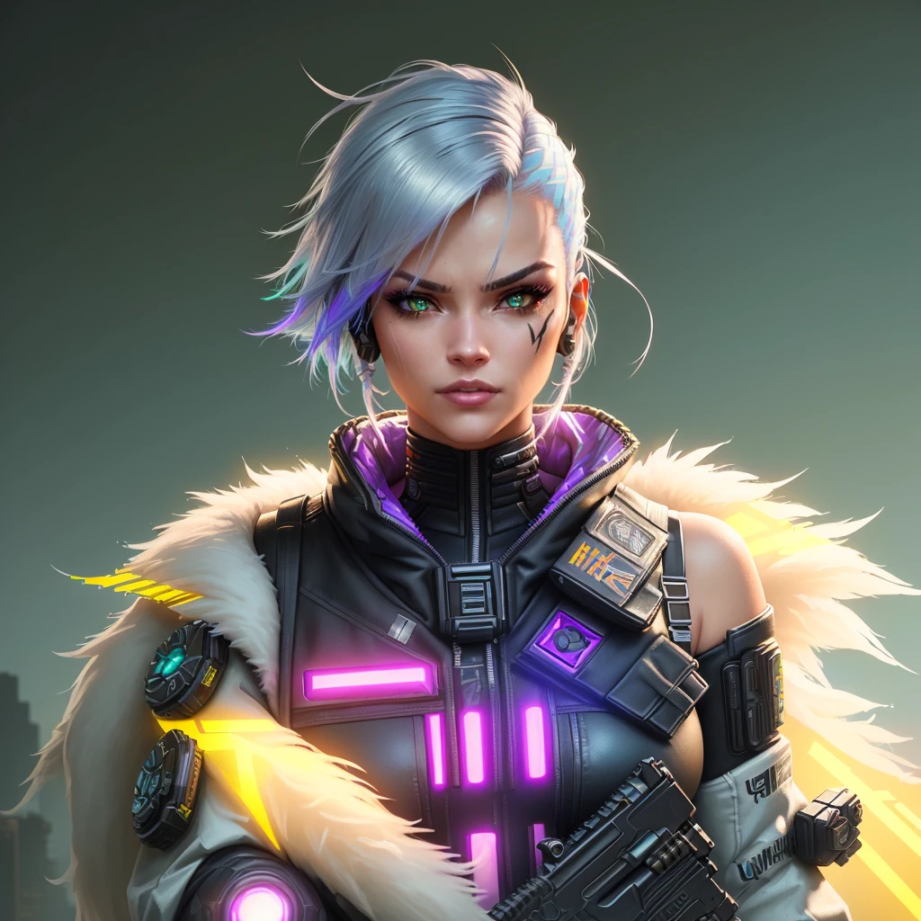 There's a woman with a gun in her hand, no cyberpunk 2077, loba andrade de apex legends, bright cyberpunk glow, cyborg - girl with silver hair, videogame character, as a character in Tekken, cyberpunk style color, cyberpunk judy alvarez, hiper-realistic cyberpunk style, character up close, cyberpunk shading, femme fatale cyberpunk