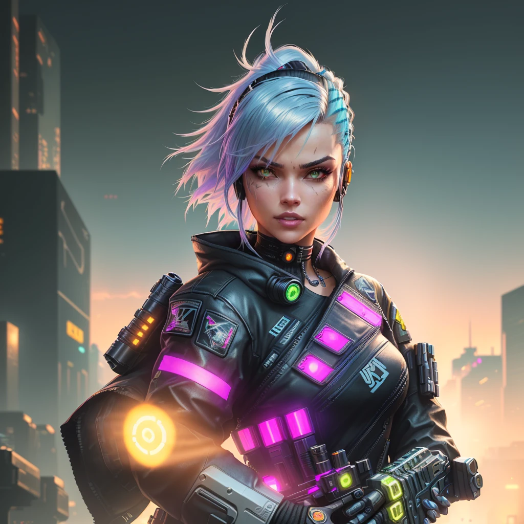There's a woman with a gun in her hand, no cyberpunk 2077, loba andrade de apex legends, bright cyberpunk glow, cyborg - girl with silver hair, videogame character, as a character in Tekken, cyberpunk style color, cyberpunk judy alvarez, hiper-realistic cyberpunk style, character up close, cyberpunk shading, femme fatale cyberpunk