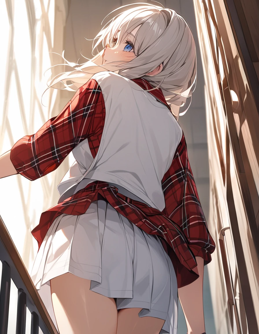 (Highest qualityのイラスト:1.2), (pretty girl:1.1), (1 girl、、Highest qualityのイラスト:1.2), (1 girl、slightly bigger eyes、blue eyes)、Blonde、Semi-long hair、Mature、Beautiful breasts、(Highest quality、Very detailed、Ultra-high resolution) 、High School Uniform{White Sailor Suit、Short sleeve、Pleated skirt with red plaid pattern), from below, School stairs、Climbing the stairs、Back view