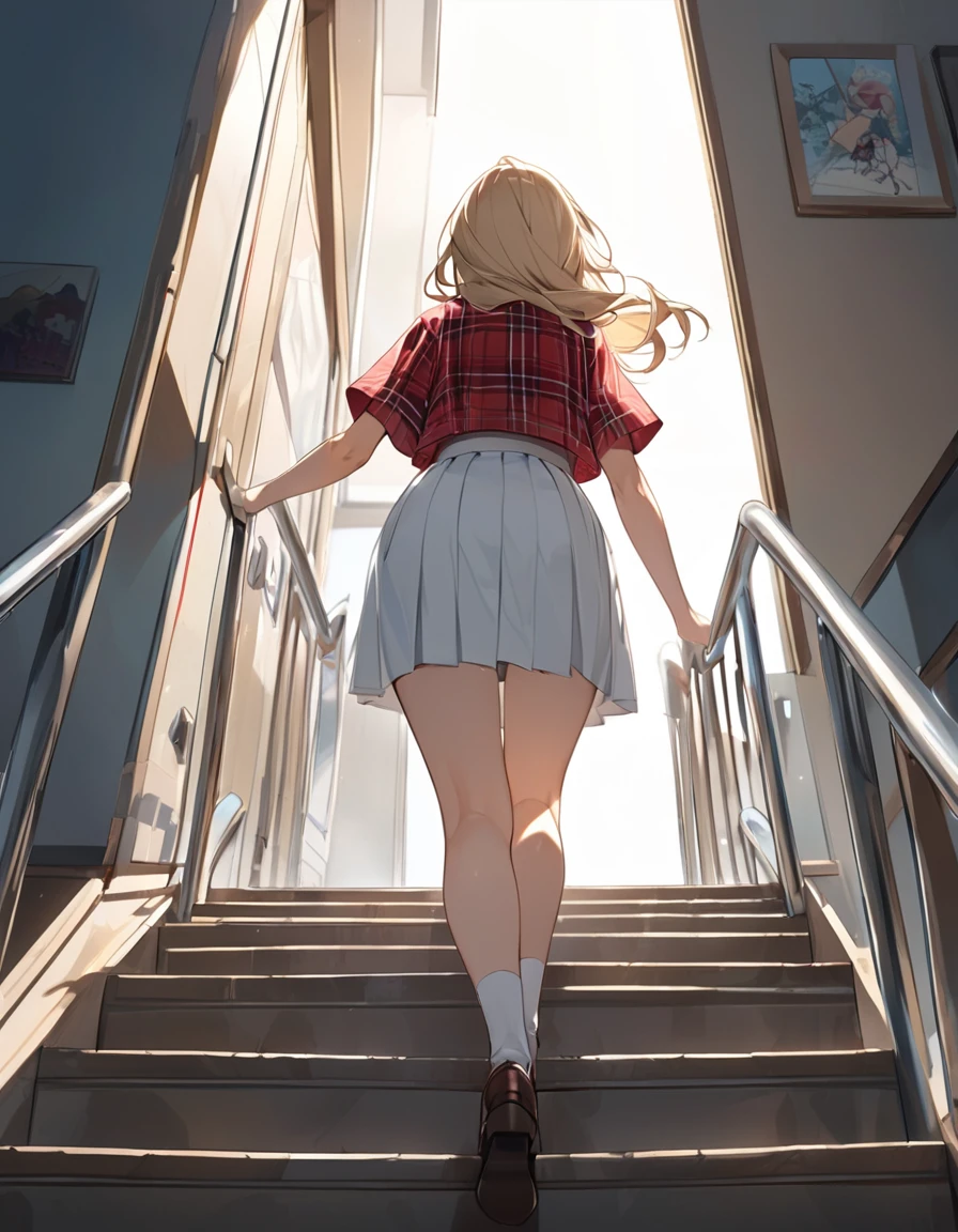 (Highest qualityのイラスト:1.2), (pretty girl:1.1), (1 girl、17 years old、Highest qualityのイラスト:1.2), (1 girl、slightly bigger eyes、blue eyes)、Blonde、Semi-long hair、Mature、Beautiful breasts、(Highest quality、Very detailed、Ultra-high resolution) 、High School Uniform{White Sailor Suit、Short sleeve、Pleated skirt with red plaid pattern), from below, School stairs、Climbing the stairs、Back view