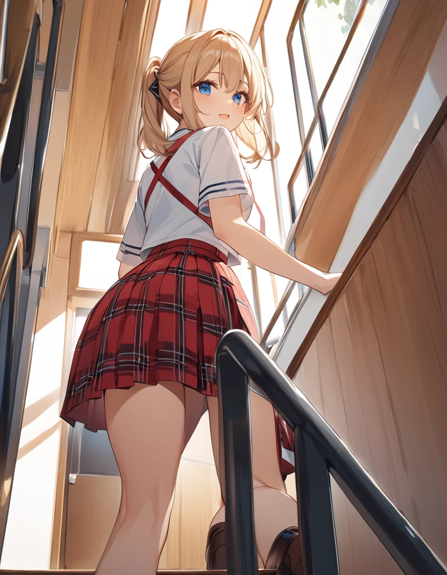 (Highest qualityのイラスト:1.2), (pretty girl:1.1), (1 girl、17 years old、Highest qualityのイラスト:1.2), (1 girl、slightly bigger eyes、blue eyes)、Blonde、Semi-long hair、Mature、Beautiful breasts、(Highest quality、Very detailed、Ultra-high resolution) 、High School Uniform｛White Sailor Suit、Short sleeve、Pleated skirt with red plaid pattern), from below, School stairs、Climbing the stairs、Back view
