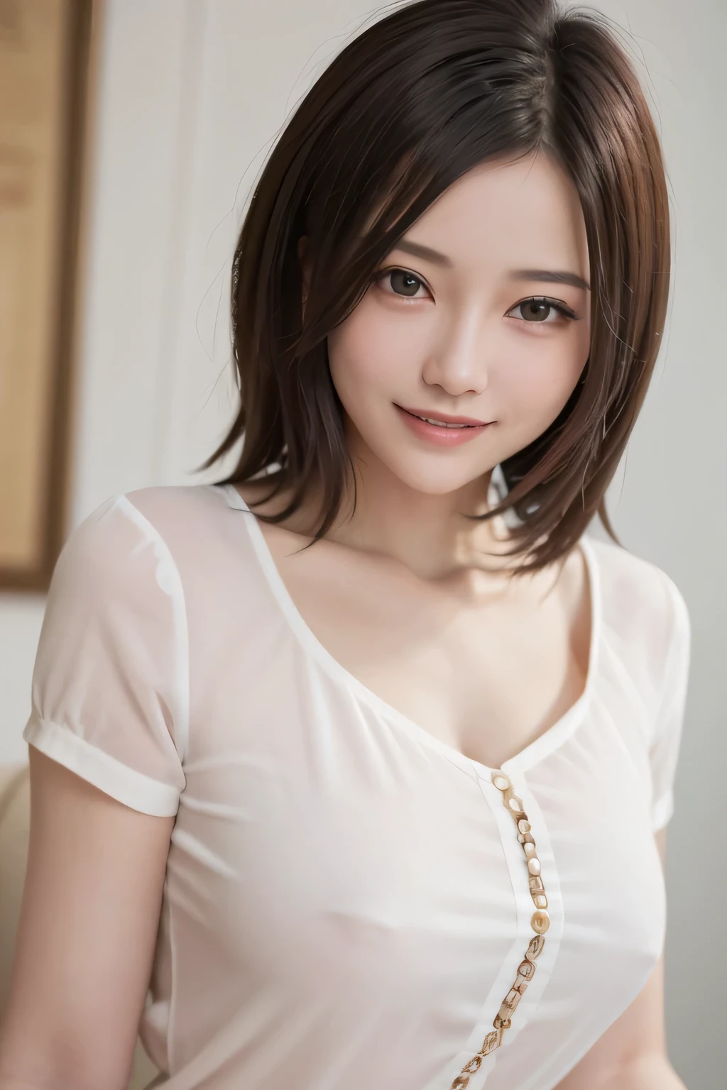 ((masterpiece)), ((Highest quality)), ((Complex)), ((Surreal)), (Realistic), (Mature Woman), ((There are no classes)), Very detailed, (1 female), Beautiful and exquisite, (Beautiful Teeth), Grin, Brunette Bob Hair, Brown eyes, ((blouse)), (Upper Body), (background:none), Perfect Eyes, Captivating eyes, Looking at the audience