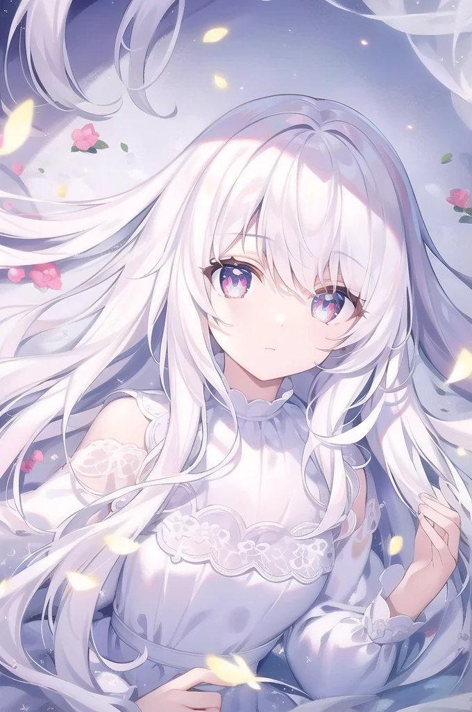 ((masterpiece, best quality))++, Detailed lighting+, Detailed hair+, Detail hand+ ,1 girl, Miss, Long hair, Crimson eyes, beautiful eyes, young white hair,,(Beautiful white hair:1.5),(Beautiful and delicate eyes), high resolution+,glass tint, Reflective eyes, {{angle}} , Very detailed wallpaper, The original, Air bangs,Extremely beautiful CG,black worksuit,Firefly,Galaxy,Shattered like a mirror