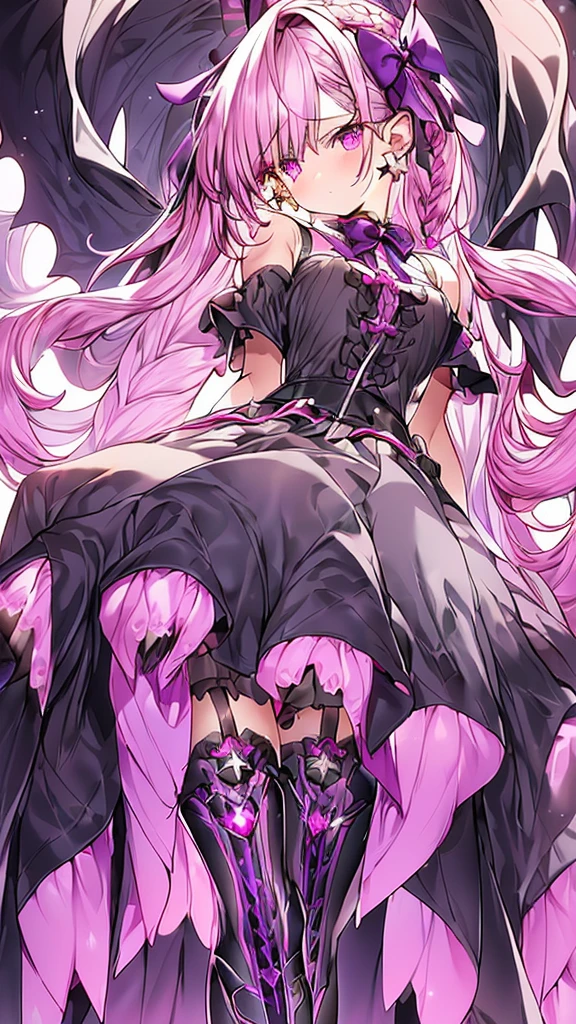 woman 170 cm tall. medium chest, wide hip, slim build, ((whole body)). (((character design sheet: front view))). (dark blonde hair, (hip-length wavy hair with asymmetrical bangs), (She has a short braid tied with an elegant purple bow on the left side of her hair above her chest). (She has a short braid tied with an elegant purple bow on the right side of her hair above her chest). She has small ribbons in the back of her hair..). ((Gray eyes with a pink 4-pointed star in the pupil.)). Two black and purple serval ears located on the top of the head. (Luminous black halo with purple star patterns above his head). He has a black collar with a heart emblem on his neck.. (Elegant one-piece long dress with lace and ruffle thigh-high skirt, ribbon decorations and star patterns on the dress). black gloves, beautiful black platform heels. gray belt at the waist with a large ribbon with a luminous pink heart in the middle. (It has a beautiful succubus tail with a small purple star on the tip.). ((It has complex mechanical legs that reach up to the thighs and are black with small purple details..)). beautiful detailed hair, beautiful detailed dress. extremely detailed arms. extremely detailed face, small face, Beautiful detailed eyes, beautiful detailed lips. adorable. extremely detailed legs. (Best Quality, 4k, high resolution), ultra detailed, Exquisite and epic character art., ((White background)). (Focus on symmetry).