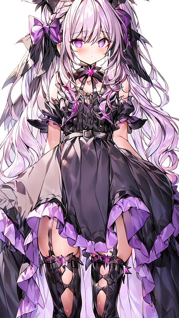 woman 170 cm tall. medium chest, wide hip, slim build, ((whole body)). (((character design sheet: front view))). (dark blonde hair, (hip-length wavy hair with asymmetrical bangs), (She has a short braid tied with an elegant purple bow on the left side of her hair above her chest). (She has a short braid tied with an elegant purple bow on the right side of her hair above her chest). She has small ribbons in the back of her hair..). ((Gray eyes with a pink 4-pointed star in the pupil.)). Two black and purple serval ears located on the top of the head. (Luminous black halo with purple star patterns above his head). He has a black collar with a heart emblem on his neck.. (Elegant one-piece long dress with lace and ruffle thigh-high skirt, ribbon decorations and star patterns on the dress). black gloves, beautiful black platform heels. gray belt at the waist with a large ribbon with a luminous pink heart in the middle. (It has a beautiful succubus tail with a small purple star on the tip.). ((It has complex mechanical legs that reach up to the thighs and are black with small purple details..)). beautiful detailed hair, beautiful detailed dress. extremely detailed arms. extremely detailed face, small face, Beautiful detailed eyes, beautiful detailed lips. adorable. extremely detailed legs. (Best Quality, 4k, high resolution), ultra detailed, Exquisite and epic character art., ((White background)). (Focus on symmetry).