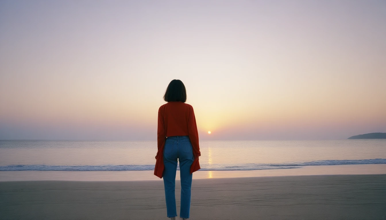 8K, Vivid picture quality, desolate long beach, A lonely walk on the beach far away, light summer outfits, short hair woman, red light of sunset, alone, afternoon, depressed, tide가 밀려온다, ocean, tide, wind, short korean woman, 잔잔한 tide, Perfect photos with vivid image quality, wearing a casual jacket and jeans, Holding my shoes in my hands. Full body shot from a distance with Canon Camera 16-35 wide angle lens