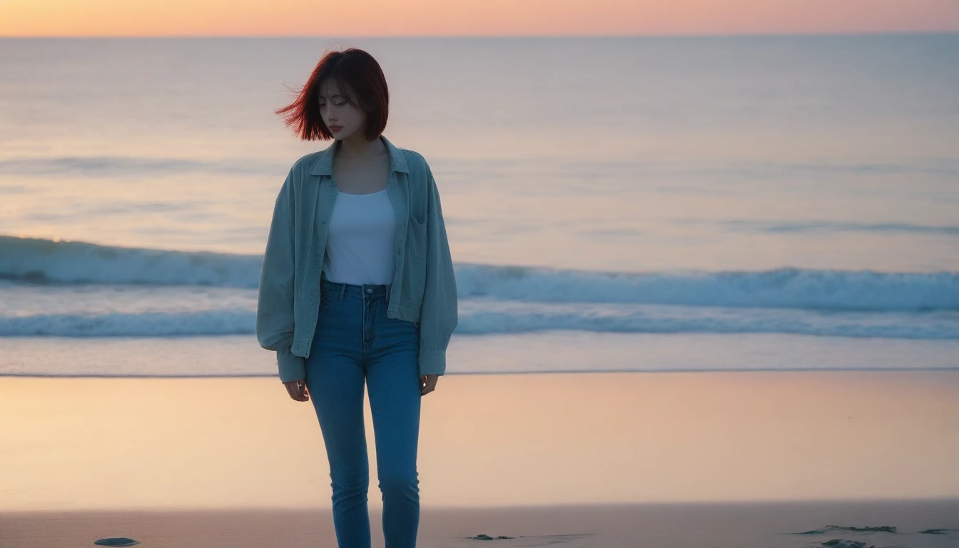8K, Vivid picture quality, desolate long beach, A lonely walk on the beach far away, light summer outfits, short hair woman, red light of sunset, alone, afternoon, depressed, tide가 밀려온다, ocean, tide, wind, short korean woman, 잔잔한 tide, Perfect photos with vivid image quality, wearing a casual jacket and jeans, Holding my shoes in my hands. Full body shot from a distance with Canon Camera 16-35 wide angle lens