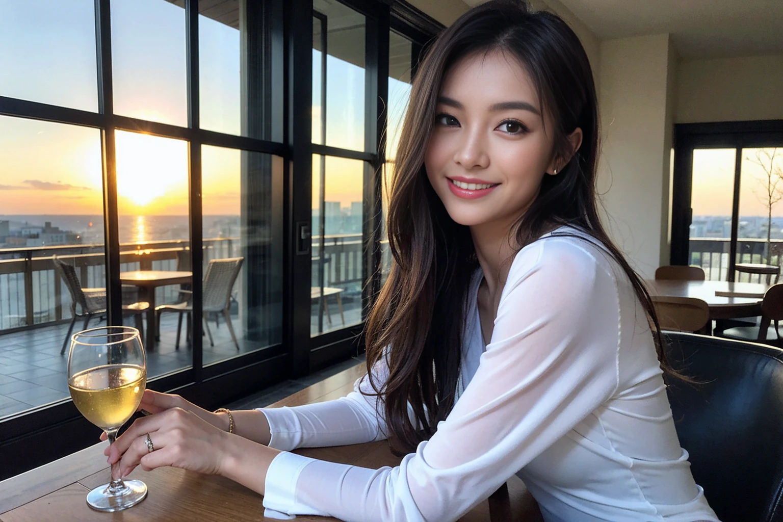 ((Highest quality、8K、masterpiece:1.3))、cute、slimカップル、modelカップル、actress男優、(Realistic, Intricate details:1.2), full-course dinner、Wine Party、Amazing view of the sunset sky and clouds、A bright smile、short hair,Bright Face、 (Age 37), 42 years old, red wine 、Appetizers、Italian food、Wine bottle、Champagne、sparkling wine、Two beauties、Brown Hair、Shortcuts、Long sleeve shirt、dress、Beautiful woman 1, (slimな顔), (The body is slim), (Brown Hair), (Shortcuts), cheeks turn a little red,Attractive beauty、restaurant, In a prominent place (From the waist up) Nova Frog Style, actress, model, Upper Body, White wine, slim, wine glass, 中央に置かれたwine glass, smile, (smile: 1.15), Beautiful fine grain, Depth f/2,saturation, High Contrast, Strong light and shadow,Moist Body:1.5、3D texture、Delicate eyes、Brown Hair、The hair is very shiny、