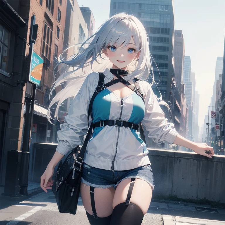 (Masterpiece, Best quality, ultra high resolution), (((1 girl))), Silver hair, Pale skin, Beautiful detailed face, Detailed eyes, posing on a white background, Dynamic lighting, dynamic shadowing, looking at viewer, White street punk fashion with blue details, (Posing for a photo), ((White clothes)), (((black thigh highs))), jean shorts, skirt, white sweater, ((Blue eyes)), happy, smiling, black straps, black strap design, ((Long white hair)), energetic, cheerful, cityscape background, (garter), blue tertiary color, blue highlights, purse, hand bag, ((chest harness fashion))