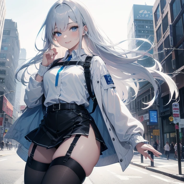 (Masterpiece, Best quality, ultra high resolution), (((1 girl))), Silver hair, Pale skin, Beautiful detailed face, Detailed eyes, posing on a white background, Dynamic lighting, dynamic shadowing, looking at viewer, White street punk fashion with blue details, (Posing for a photo), ((White clothes)), (((black thigh highs))), jean shorts, skirt, white sweater, ((Blue eyes)), happy, smiling, black straps, black strap design, ((Long white hair)), energetic, cheerful, cityscape background, (garter), blue tertiary color, blue highlights, purse, hand bag, ((chest harness fashion))