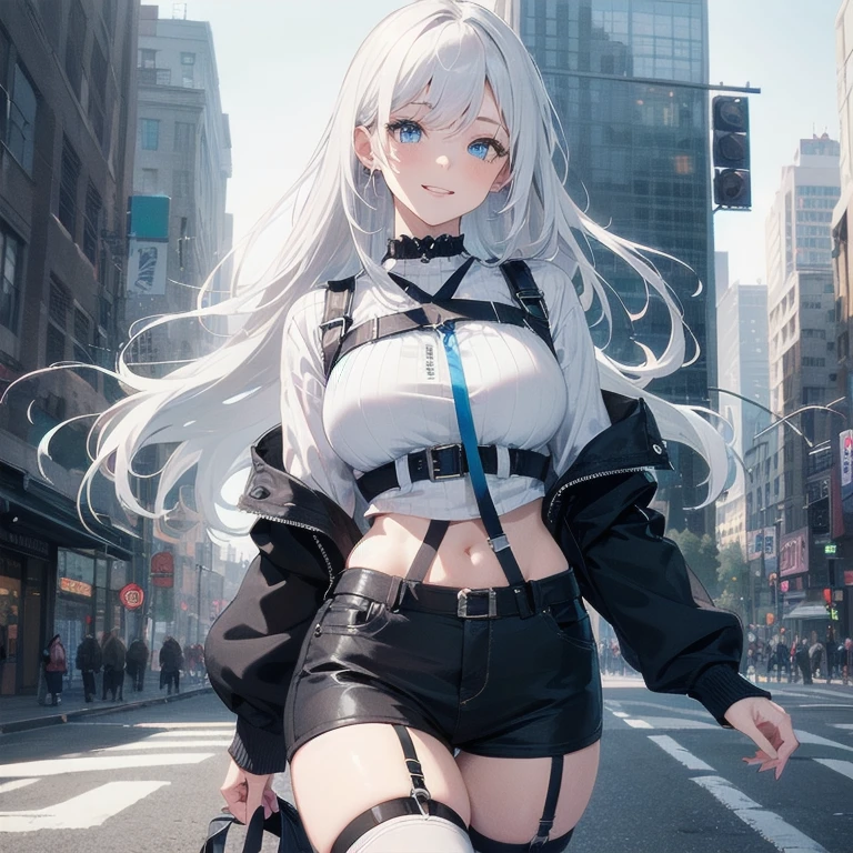 (Masterpiece, Best quality, ultra high resolution), (((1 girl))), Silver hair, Pale skin, Beautiful detailed face, Detailed eyes, posing on a white background, Dynamic lighting, dynamic shadowing, looking at viewer, White street punk fashion with blue details, (Posing for a photo), ((White clothes)), (((black thigh highs))), jean shorts, skirt, white sweater, ((Blue eyes)), happy, smiling, black straps, black strap design, ((Long white hair)), energetic, cheerful, cityscape background, (garter), blue tertiary color, blue highlights, purse, hand bag, ((chest harness fashion))