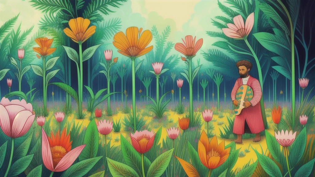 Mind Warp , There are maracas in the middle of a field of flowers and plants.、Chris LaBroy, Detailed illustrations, Album cover, Psychedelic Art