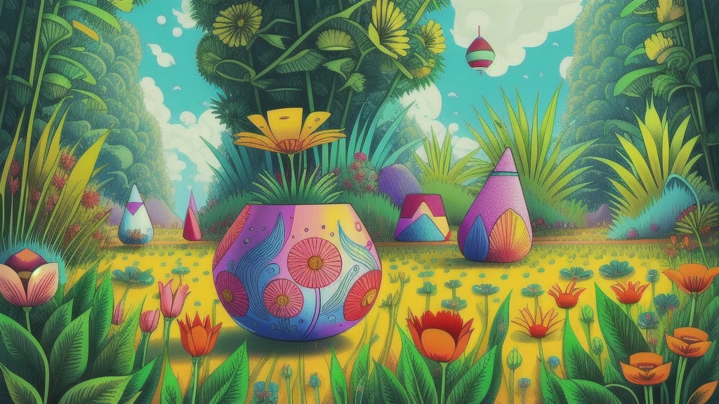 Mind Warp , There are maracas in the middle of a field of flowers and plants.、Chris LaBroy, Detailed illustrations, Album cover, Psychedelic Art