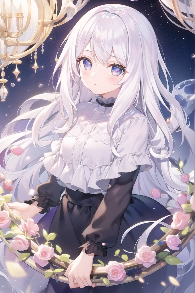 ((masterpiece, best quality))++, Detailed lighting+, Detailed hair+, Detail hand+ ,1 girl, Miss, Long hair, Crimson eyes, beautiful eyes, young white hair,,(Beautiful white hair:1.5),(Beautiful and delicate eyes), high resolution+,glass tint, Reflective eyes, {{angle}} , Very detailed wallpaper, The original, Air bangs,Extremely beautiful CG,black worksuit,Firefly,Galaxy,Shattered like a mirror