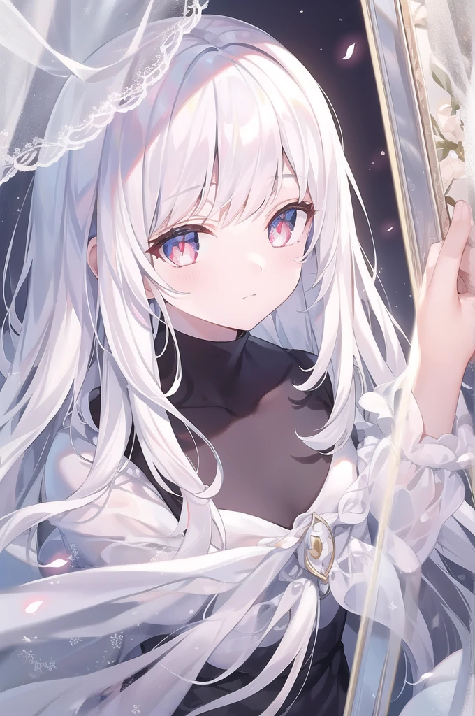 ((masterpiece, best quality))++, Detailed lighting+, Detailed hair+, Detail hand+ ,1 girl, Miss, Long hair, Crimson eyes, beautiful eyes, young white hair,,(Beautiful white hair:1.5),(Beautiful and delicate eyes), high resolution+,glass tint, Reflective eyes, {{angle}} , Very detailed wallpaper, The original, Air bangs,Extremely beautiful CG,black worksuit,Firefly,Galaxy,Shattered like a mirror