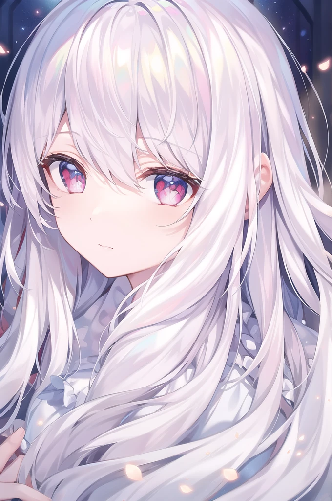 ((masterpiece, best quality))++, Detailed lighting+, Detailed hair+, Detail hand+ ,1 girl, Miss, Long hair, Crimson eyes, beautiful eyes, young white hair,,(Beautiful white hair:1.5),(Beautiful and delicate eyes), high resolution+,glass tint, Reflective eyes, {{angle}} , Very detailed wallpaper, The original, Air bangs,Extremely beautiful CG,black worksuit,Firefly,Galaxy,Shattered like a mirror
