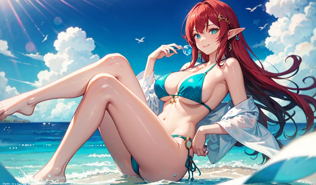 Create a high-quality anime image of a beautiful female elf character standing confidently. She has red hair and a hair ornament. She is wearing a stylish, revealing bikini with great detail. The character is standing with her feet shoulder-width apart, holding a colorful float ring vertically in both hands. The float ring is placed on the ground, perfectly positioned so that her bikini area is visible through the ring. She is looking at you with a charming smile. The setting is a crystal clear turquoise sea. The overall atmosphere is seductive and sensual.