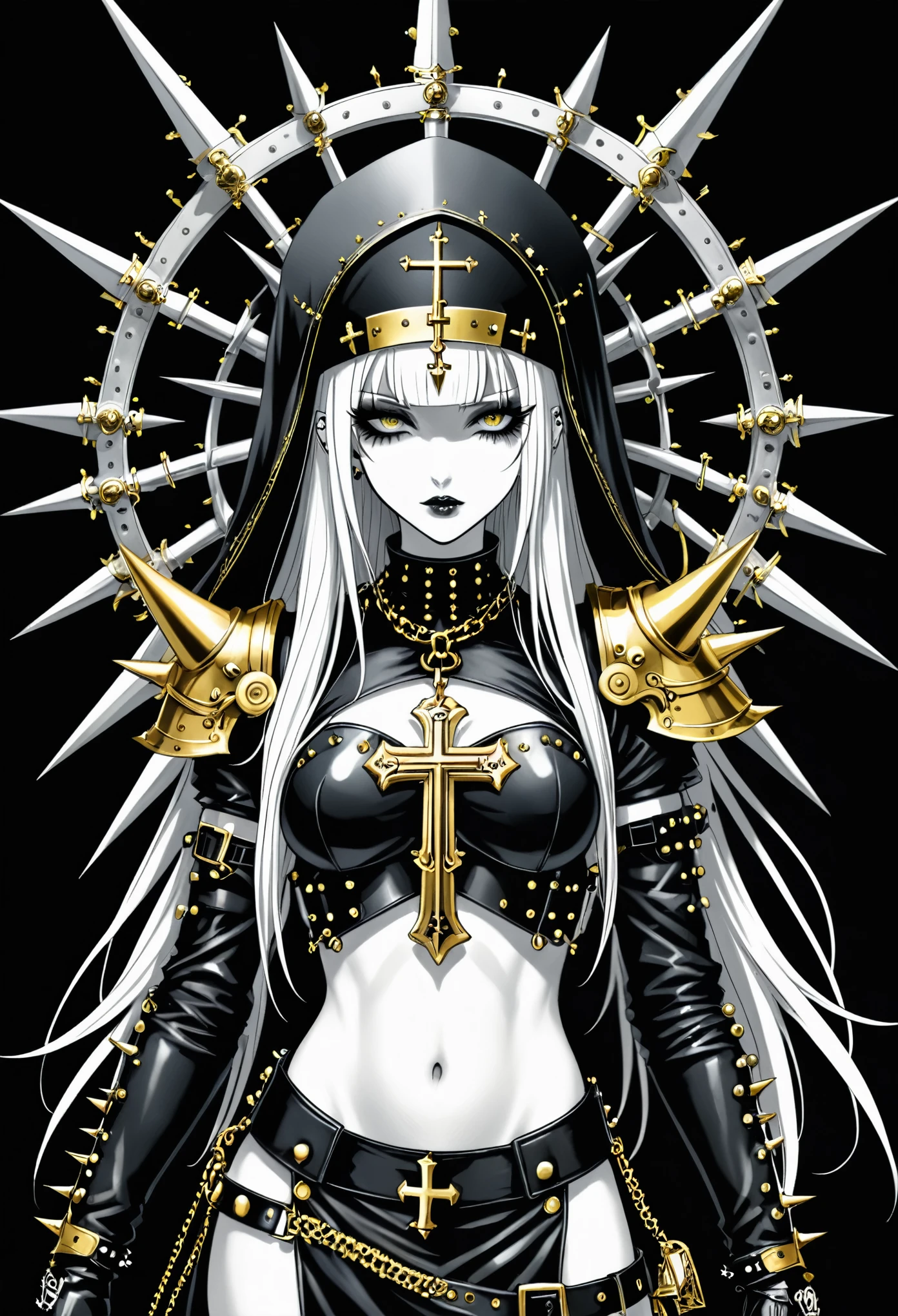 in style of Santiago Caruso,Wearing a black leather jacket,Black metal cross weapon,Gold ornaments,Gold ring ornaments,Long nails goth punk style,cerulean ,monochrome,White long hair,Waist,Abdominal muscles,Umbilical nail puncture,black background,Spiked Gothic Punk ,Warrior Nun, anime girl sacred armor, Cybergoth, A fusion of anime style with Fujifilm, inspired by《Saint Lucy Legendary Master》, holy crusader