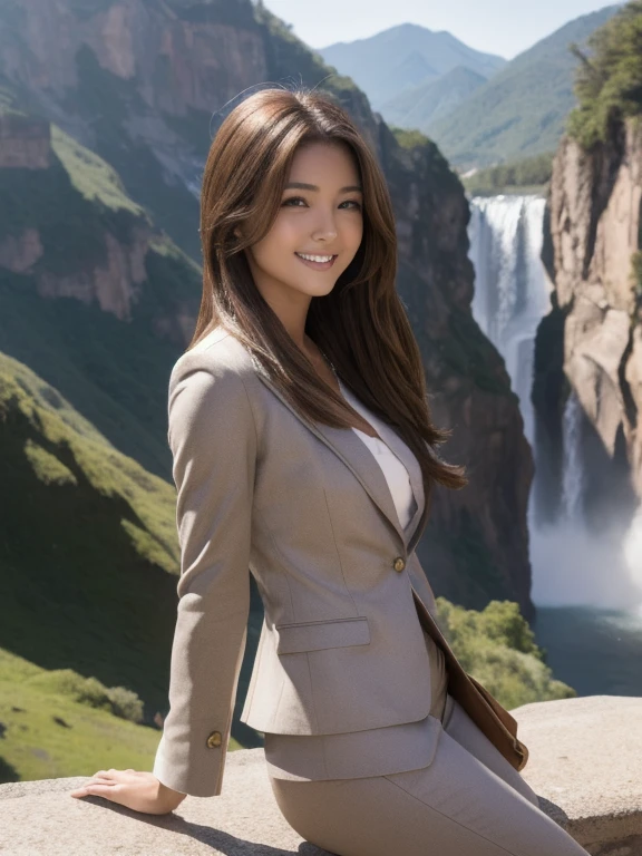 Tabletop, Highest quality, Realistic, Very detailed, finely, High resolution, 8k wallpaper, 1. Beautiful woman,, Light brown messy hair, Wearing a business suit, Short Harp Focus, Perfect dynamic composition, finelyて美しい目, Thin Hair, Detailed and Realistic skin texture, smile, Model Body Type、Beautiful feet、Valley with waterfall view、smile、Arimura Kasumi,