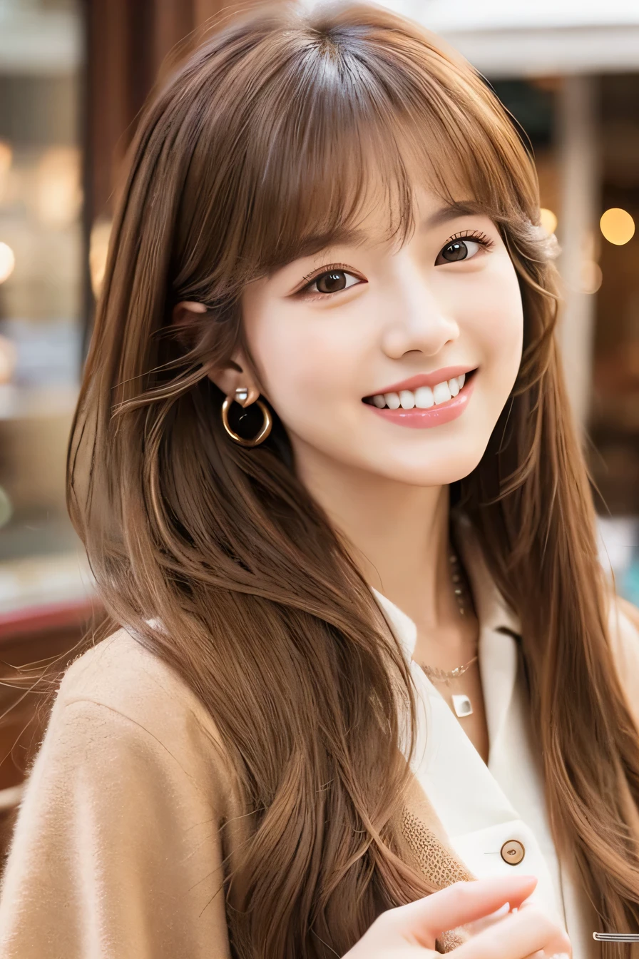 Light brown hair、Clear beauty、hairstyle semi long、coat、Ear piercing、、smile、Beautiful teeth alignment、Intricate details, Very detailed:1.2), 、 Looking into the camera、The background is a coffee shop