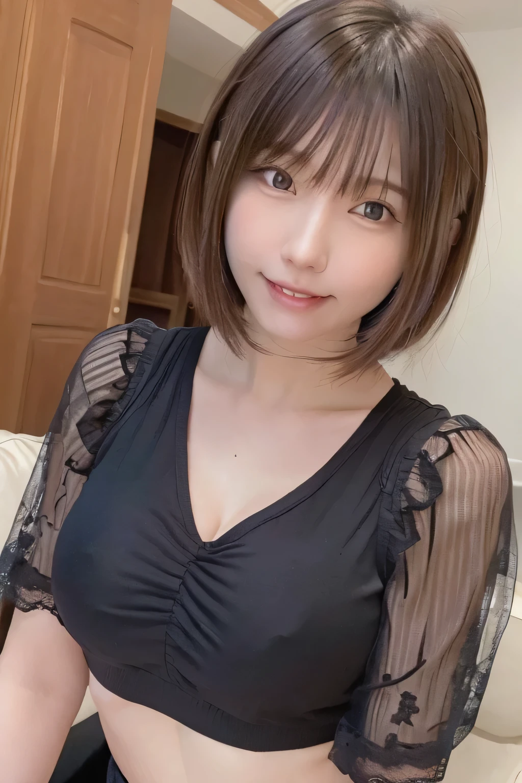 ((masterpiece)), ((Highest quality)), ((Complex)), ((Surreal)), (Realistic), (Mature Woman), ((There are no classes)), Very detailed, (1 female), Beautiful and exquisite, (Beautiful Teeth), Grin, Brunette Bob Hair, Brown eyes, ((blouse)), (Upper Body), (background:none), Perfect Eyes, Captivating eyes, Looking at the audience