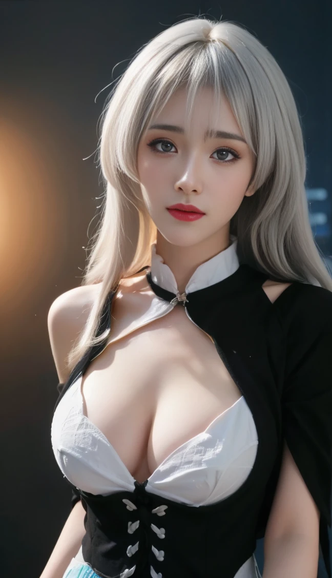 ulzzang-6500-v1.1,(raw photo:1.2),((photorealistic:1.30)), ((best quality)) ,((masterpiece)),((Ultra High Resolution)), ((Clear View)),,Ultra-high resolution,Clear face,（Reality：1.4) ,  illustration, an extremely delicate and beautiful, extremely detailed ,CG ,unity ,8k wallpaper, Amazing, finely detail, masterpiece,best quality,official art,extremely detailed CG unity 8k wallpaper,absurdres, incredibly absurdres, huge filesize, ultra-detailed, highres, extremely detailed,beautiful detailed girl, extremely detailed eyes and face, beautiful detailed eyes,light on face,cinematic lighting,  1 girl, 独奏, Thin hair、purple and black、(My girl、My cosmetics)、 Danteidong、(Super Giant breasts :1.3) 、(fuck breasts: 1.3), ( (Light makeup, Oily skin, Fair skin, Realistic skin texture, Smooth and beautiful skin, Bright and radiant skin)), (panorama: 1.8) (Very detailed, Best shadows), (Detailed background, Bright fantasy), (Beautiful and smooth face), High contrast, (Optimal lighting, Very subtle), ((Bright)), Colorful, Highly Detailed, Dramatic light, Intricate Detail, alone, Pointed face , (broken glass), (upper body : 1.5), standing, bangs, (white hair:1.5), Headband, 