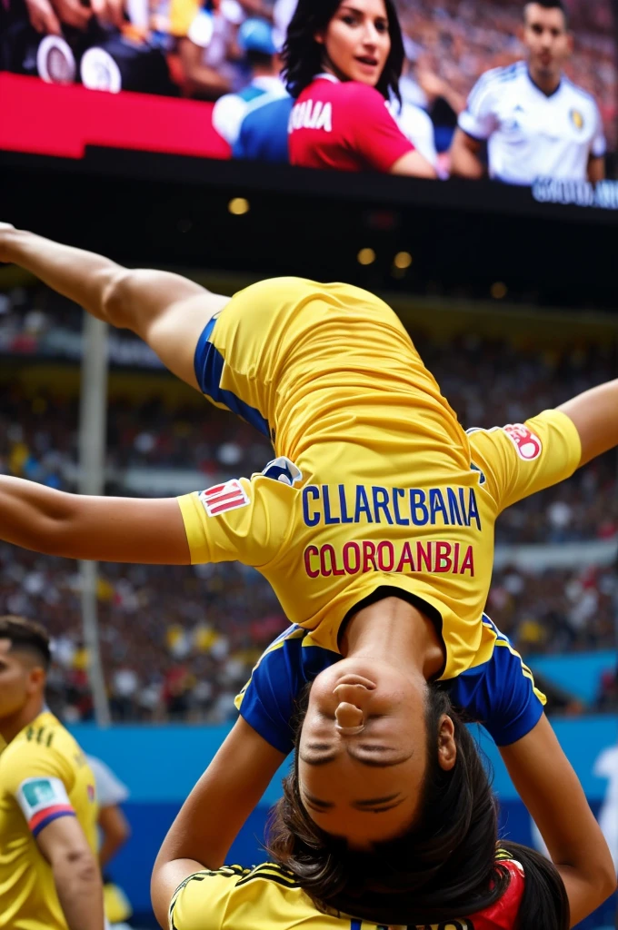 Woman on her back with the Colombia shirt watching a giant screen and on her back with the name Marcela