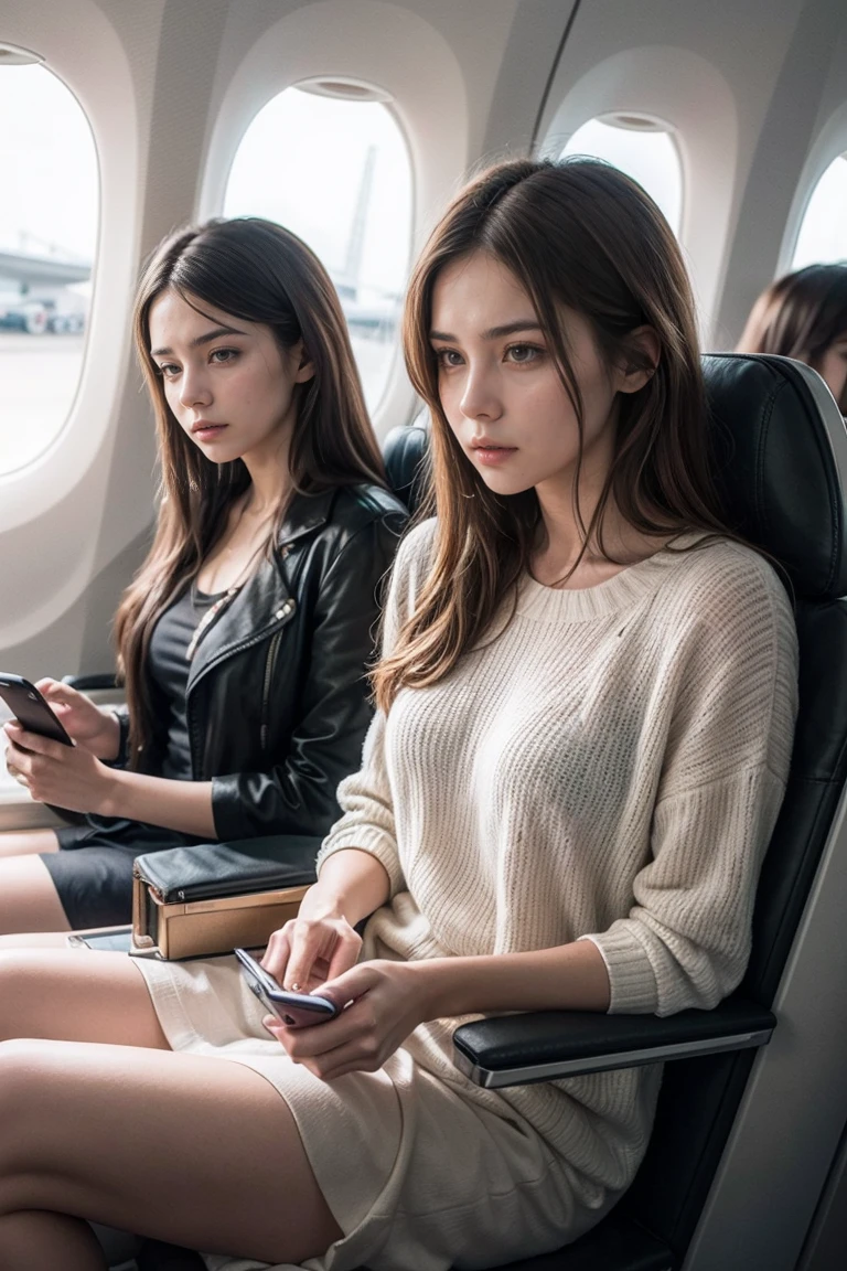 Machado de Assis, Assis 27 years old, is inside a luxury plane, next to a beautiful 25 year old girl, brownhair.  Machado is scared looking at the cell phone in his hands. They are sitting in comfortable armchairs.  image ultra realistic