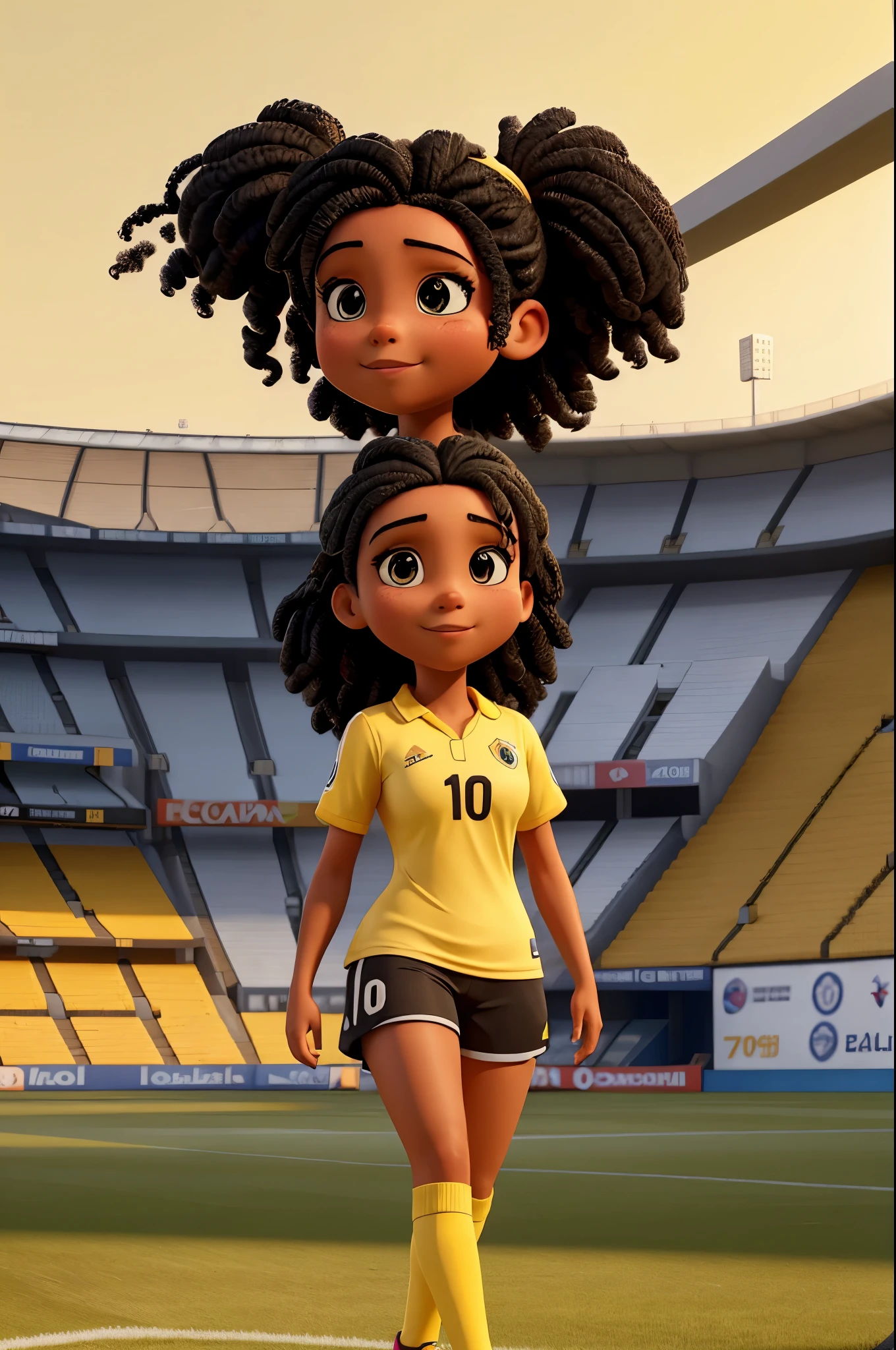 image of a white woman with black hair in the soccer stadium with the yellow shirt of the Colombian national team personalized with the number 10 and name GIORGI