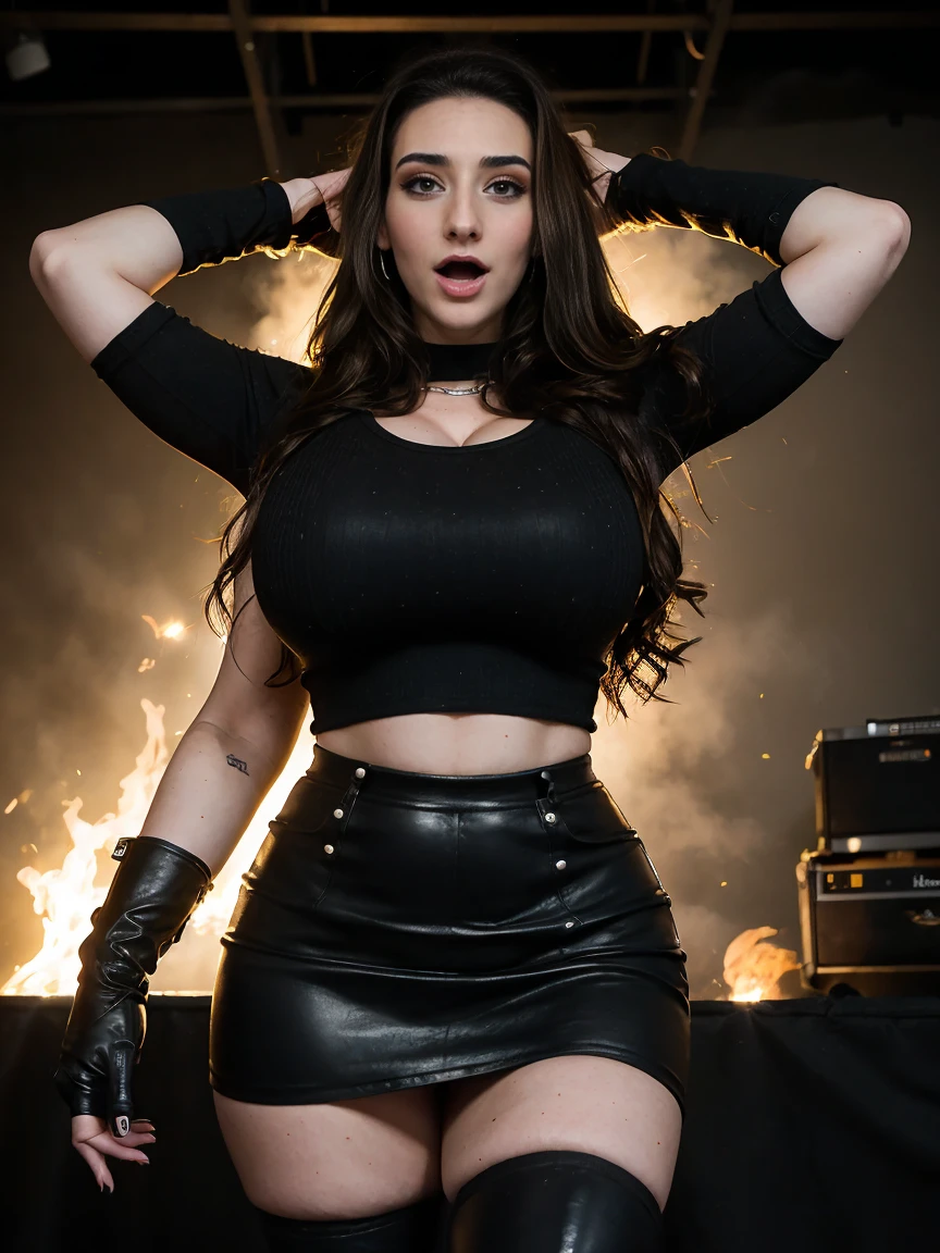 Extremely busty thin and toned brunette death metal singer, college girl, fair skin, big hair, hair pulled back, soft face, athletic, heavy makeup, piercings, black leather, studs, tight black top, boots, fingerless gloves, tight skirt, chains. standing on a stage, pyrotechnics, holding a microphone, metal concert. (microphone, fist in the sky), angry, rage, screaming. Heavy metal. Death metal. Explosions, fire.