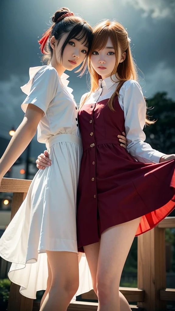 (Natural strawberry blonde and redhead girls with pretty faces), Cute pose, wearing a button dress, Atmospheric, Dark atmosphere, Edge lighting, Sayaka Yamamoto, Saito Asuka, Mao Akiyama's facial features, 8K, Full 体 portrait, Elegant outfit, Natural light, Spooky greenhouse at night, Sharp focus, (Highly detailed eyes and face:1.1, Professional photography techniques), (Beautiful small face:1.1, beautiful girl, high school student, Idol Face:1.2, Baby Face:1.4), smile, Happy, K UHD, Beautiful and soft skin, Vibrant Skin, blush, (Chirarizum:1.3, Unbutton the dress:1.5), ((Beautiful breasts:1.2, Cleavage)), (Small beautiful butt), (Detailed hands:1.1, The optimal ratio is four fingers to one thumb), Perfect proportions, (Perfect Anatomy:1.3), (Highest quality, Masterpiece, Highest quality, Ultra high definition, Photorealism:1.4), ((Touching each other's breasts:1.4)), (Beautiful hair blowing in the wind:1.4),天使と悪魔のbeautiful girl:1.2)