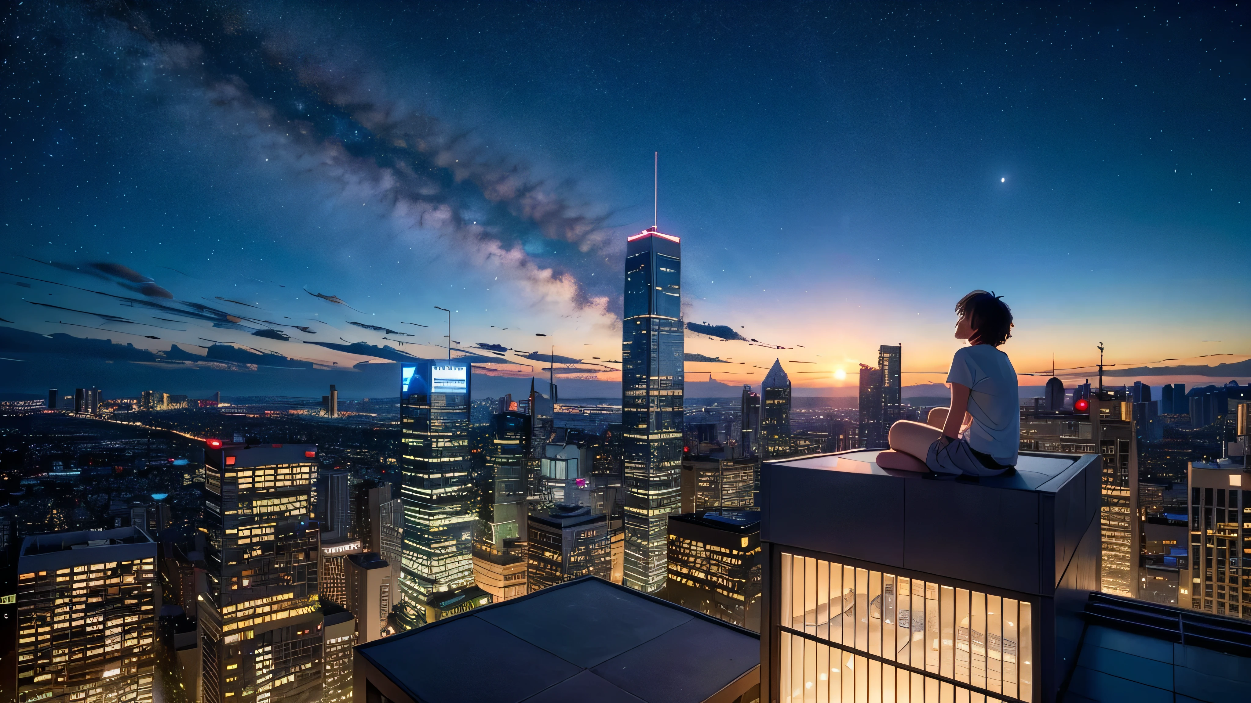 Wonderful landscape、Highest quality、Cityscape、Including sky、Starry Sky、sunset、Big Moon、Moonlit cityscape、building、There are no people,　Makoto Shinkai&#39;s art style, 8