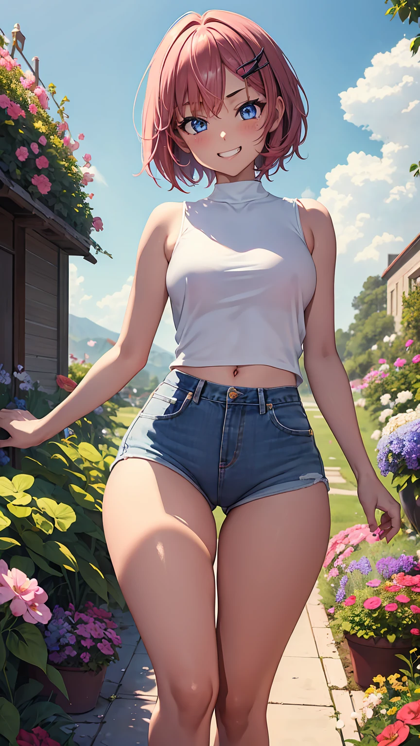 1girl, anime girl, anime, dark skin, 2d girl, y, (fullbody), standing, anime girl, blue eyes, grin, (short hair, pink hair, hair clip), casual shirt, Solo, Slim, medium Breasts, sfw, Tight Shorts, low waist shorts, upshorts, the garden background, flowers, afternoon sky, looking at viewer, darker shadows, (((explicit))), (((shorts))), (((absurdres))), (((thigh gap))), cameltoe, (((cameltoe))), (((cleft of venus))), (((sleeveless))),