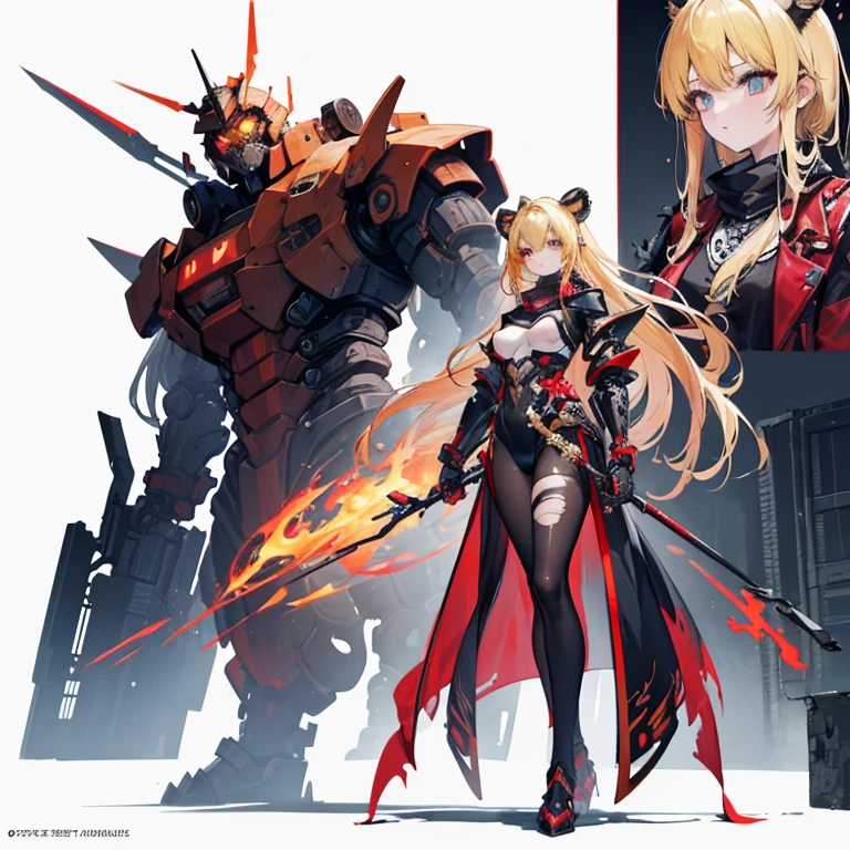 (best quality),masterpiece, Very beautiful girl, Very detailed, Amazing, fine details, official art, Super detailed, High resolution, A girl stands in front of a tiger, (Taoism), Beautiful and meticulous girl, There is light on the face, nobody, Flowing blonde hair, Mechanical Lady, Mechanical Armor, water, Armored, Pink mech, Honey Mecha, Machinery,burning city, broken streets, ruins,Motorcycle Friends,horizon,(whole body:0.8),upper bust_Body,,Taoism,flower,Long Er,Bathyscaphe，Tarot，(masterpiece, highest quality), (Detailed Hair), Very detailed, Anime Style, whole body, alone, Concept Art, Science Fantasy Combat Girl, Neck-length black and yellow hair, Golden Eyes, His right hand has been modified into a deadly cybernetic claw.. Cyber Kimono, Torn red scarf, Cyber Horned, Wearing tabi socks, White Background, whole body, Standing in the wasteland,
