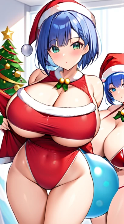 Santa costume,Swimwear,Big Breasts,Multiple births,Blue Hair,Bobcut