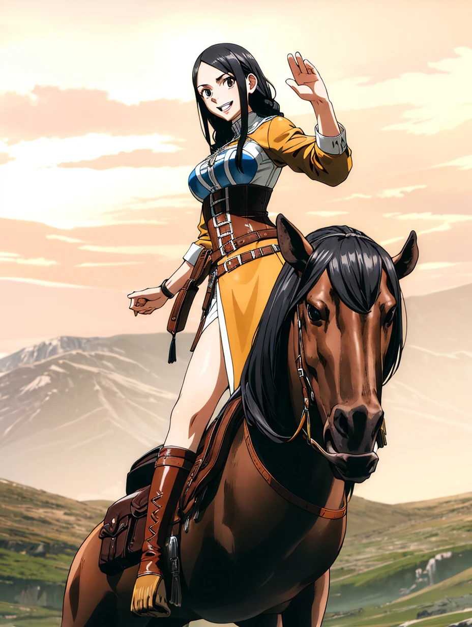 masterpiece, best quality, highres, black hair, long braided black hair, large breasts, medieval leather corset with medeieval dress, belt, cowboy shot, standing, looking at viewer, outdoors, waving, open mouth, smiling