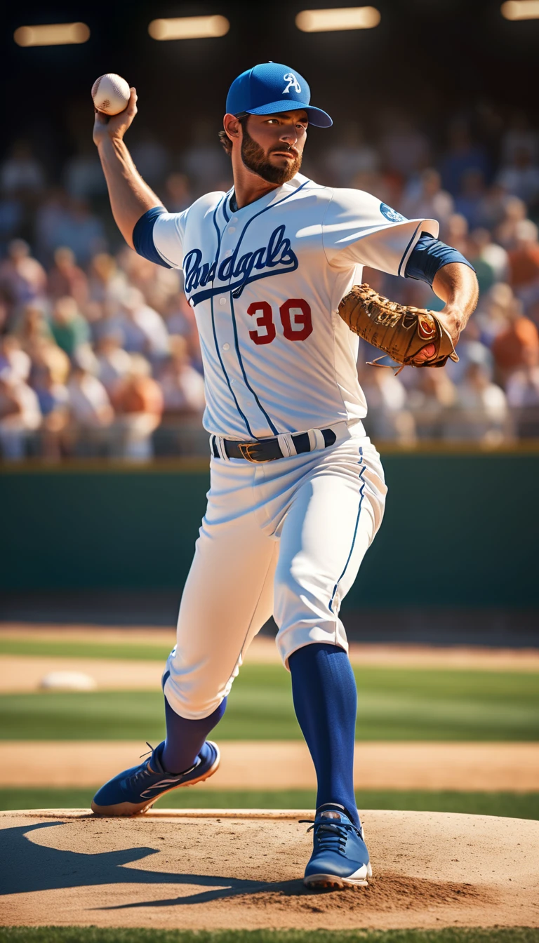realistic baseball player, baseball pitcher, dynamic shot when player throws baseball, front view, motion blur, motion capture, realistic shot, full body shot, dynamic action, (best quality,4k,8k,highres,masterpiece:1.2),ultra-detailed,(realistic,photorealistic,photo-realistic:1.37),HDR,UHD,studio lighting,ultra-fine painting,sharp focus,physically-based rendering,extreme detail description,professional,vivid colors,bokeh,sports,action,motion,baseball,athlete,sportsman,player,pitcher,throwing,pitch,fastball,curveball,slider,baseball field,sports stadium,crowd,cheering,dust,dirt,grass,sky,clouds,sunlight