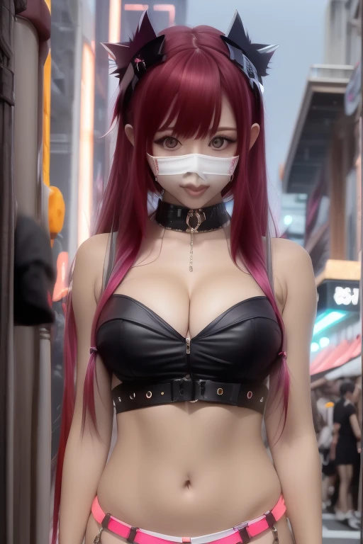 Red-haired、goth_punk, 1girl in, solo, medium shot, Walking in Harajuku, ((during night)), bokeh dof, Neon light, Iridescent eyes, starrysky, Red glowing hair, White eyebrows, Radiant hair, (iridescent white hair), earrings, bangss, jewely, masks, bluntbangs, verd s eyes, Mouth mask, blurry backround, bblurry, hair adornments, Look at viewers, shorth hair, portraitures, side locks