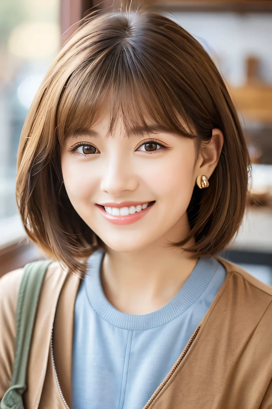 Light brown hair、Clear beauty、Short Haircut、coat、Ear piercing、、smile、Beautiful teeth alignment、Intricate details, Very detailed:1.2), 、 Looking into the camera、The background is a coffee shop