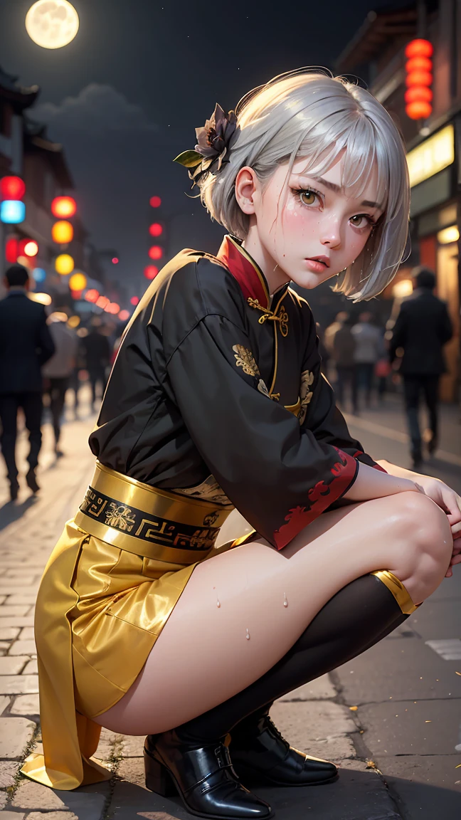 Young girl , short silver bob hair, hair flower, sharp bangs between the eyes, yellow eyes, eyes large, provocative look, obscene expression, notable physical features, traditional chinese imperial clothes black with gold details, red skirt, black thigh high socks. half-sided angle, crouched in the street, lumbar angle, 90 degree body angle. japanese city, outdoor city, city at night, with full moon in the background, light reflecting on the sexy and sweaty body. (((sweat))) (work of art:1.2,) (best qualityer.)