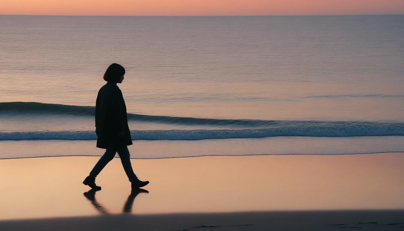 8K, Vivid picture quality, desolate long beach, Two men and women walking on the beach in the distance, short hair woman, red light of sunset, alone, afternoon, depressed, tide가 밀려온다, ocean, tide, wind, short korean woman, 잔잔한 tide, Perfect photos with vivid image quality, wearing a casual jacket and jeans,