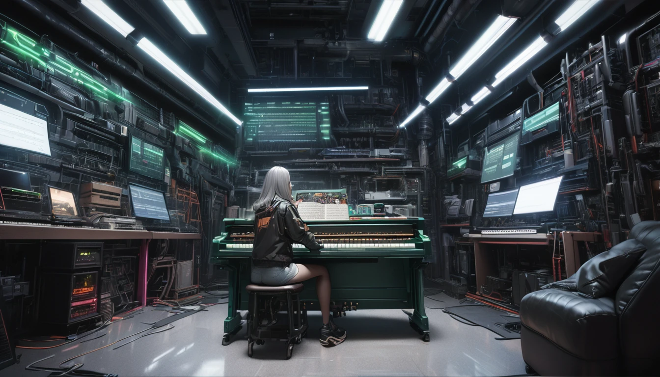 (best quality, masterpiece, ultra detailed, ultra high res, photorealistic, raw photo, absolutely resolution), Cyberpunk, 20 year old woman, playing the piano in the library, mechanical room, neon, green and silver