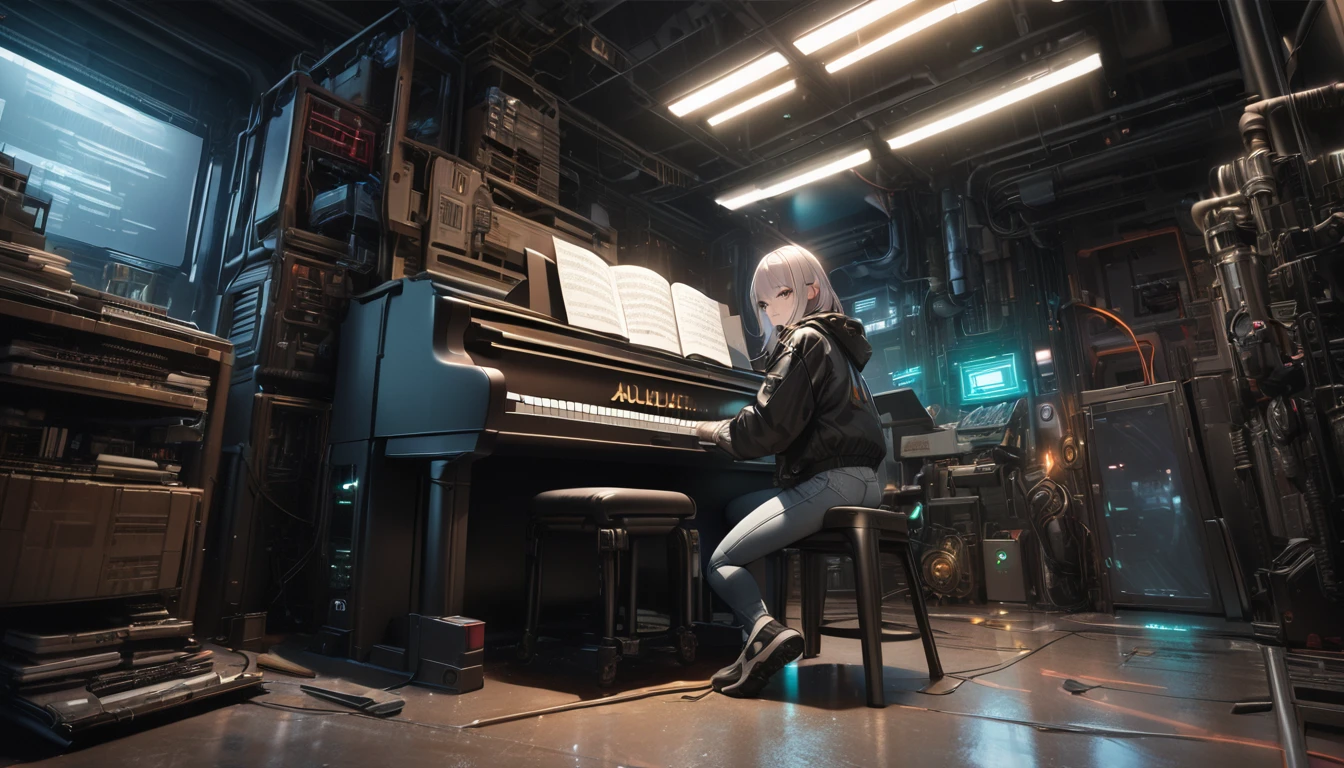 (best quality, masterpiece, ultra detailed, ultra high res, photorealistic, raw photo, absolutely resolution), Cyberpunk, 20 year old woman, playing the piano in the library, mechanical room, neon, green and silver