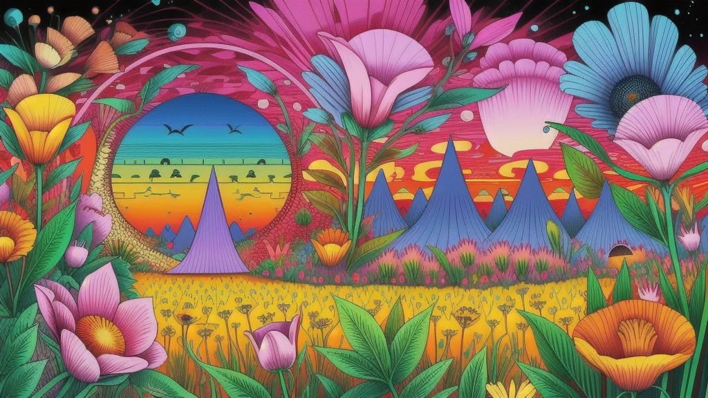 Mind Warp , There are maracas in the middle of a field of flowers and plants.、Chris LaBroy, Detailed illustrations, Album cover, Psychedelic Art