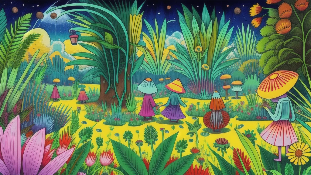 Mind Warp , There are maracas in the middle of a field of flowers and plants.、Chris LaBroy, Detailed illustrations, Album cover, Psychedelic Art